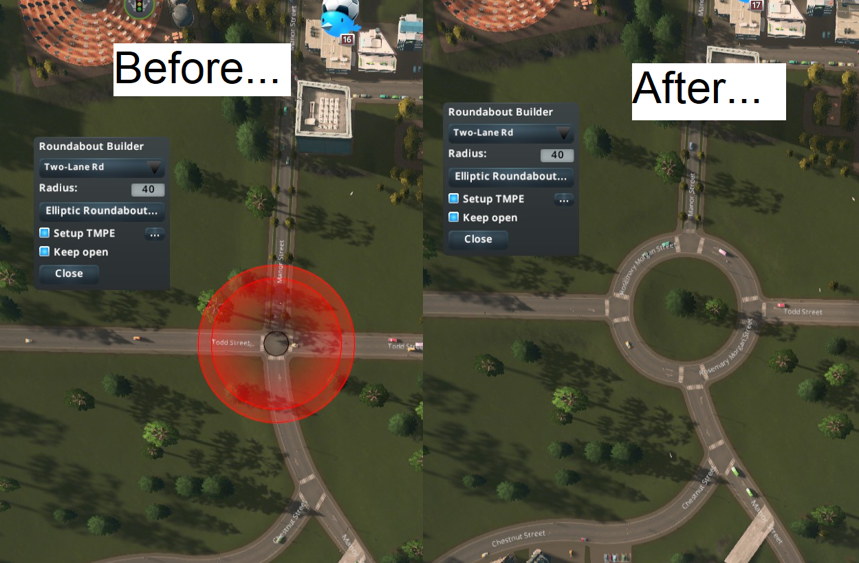 
Screenshot of the "Roundabout Builder" mod
that shows a circular roundabout with two-lane highways being easily designed
